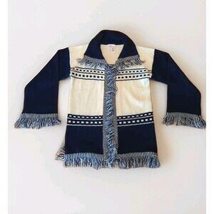 Vintage Omond Fashions Cardigan Sweater Womens Medium Blue White Fringe